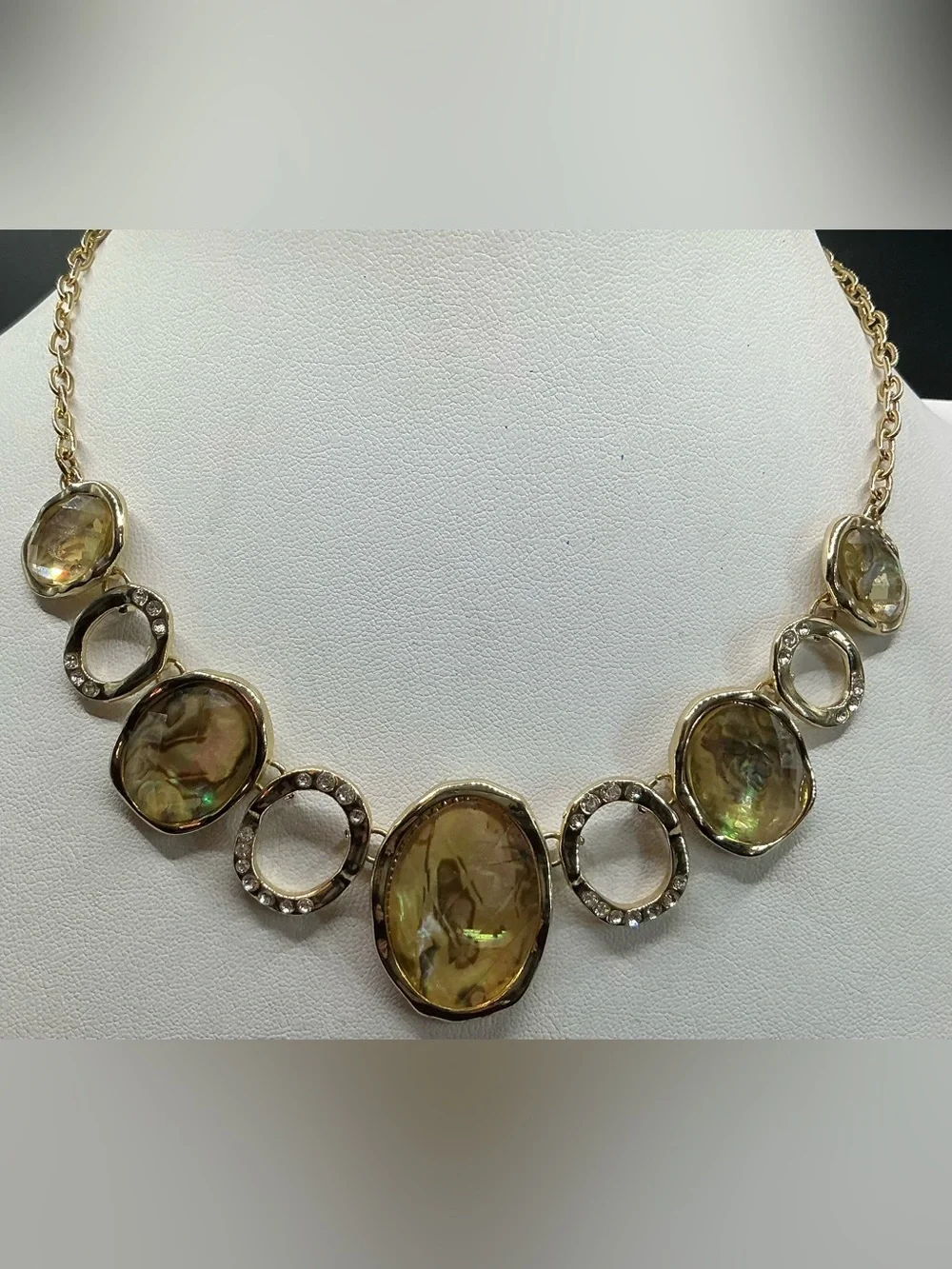 DANA BUCHMAN GOLD TONE GREEN IRRIDESCENT STONE NECKLACE WITH RHINESTONE ACCENTS